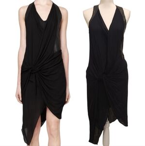 Helmut Lang Draped Chiffon Silk Leather Trim Black Asymmetrical Women's 2 Dress